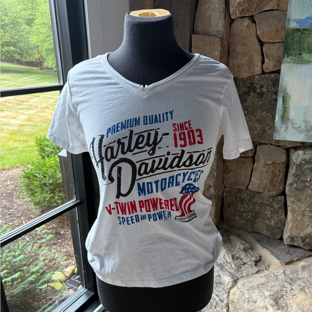Harley Davidson Smoky Mountain Maryville TN Patriotic V Neck Tee Size M Fitted